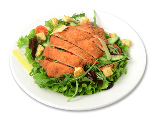 Schnitzelsalat / Salat freigestellt auf weißem Teller