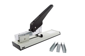 Steel stapler and staples isolated on white background