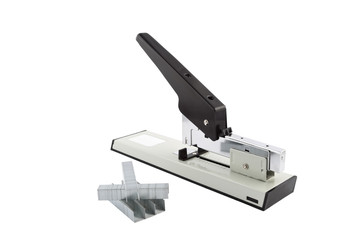 Steel stapler and staples isolated on white background