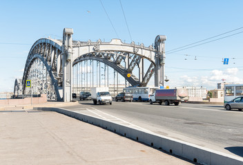 Fototapeta na wymiar Bolsheokhtinsky bridge, also known as Peter the Great Bridge, is across the Neva River in Saint Petersburg, Russia.