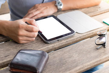 male hands using digital computer tablet with isolated screen