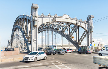Fototapeta premium Bolsheokhtinsky bridge, also known as Peter the Great Bridge, is across the Neva River in Saint Petersburg, Russia.