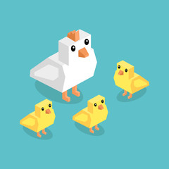Isometric White Chicken with Yellow Chick Isolated