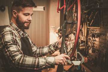 Stylish bicycle mechanic doing his professional work in workshop