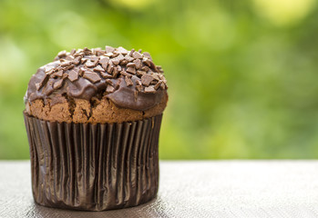 Chocolate cupcake with chocolate chip in a napkin