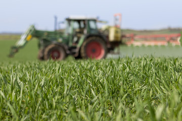 tractor spraying green field - agriculture background
