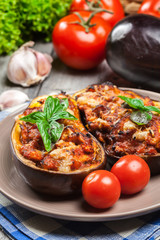 Baked eggplant with pieces of chicken