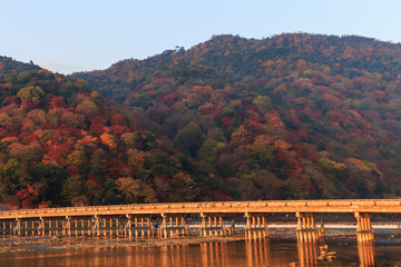 Fototapeta na wymiar 朝日に照らされる嵐山渡月橋と紅葉　その２