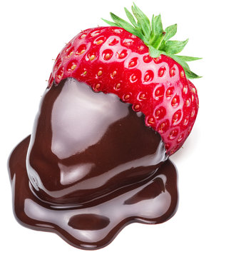 Strawberry dipped in chocolate fondue.