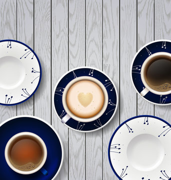 coffee break. Hot Coffee cup on white wooden vector background. coffee and latte