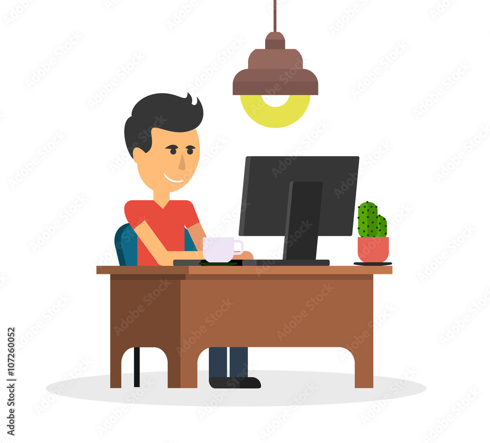 Poster man work with computer design flat