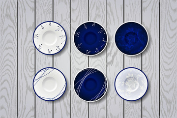 Blue plates with flowers ornament. Set of color plates