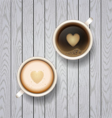 coffee break. Hot Coffee cup on white wooden vector background. coffee and latte