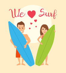 we love surf concept illustration.young loving couple man and woman with surf boards at sunset summer vacation.