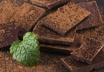 Pieces of dark chocolate, mint and cocoa powder