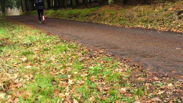Frau joggt auf einem Waldweg bei Regenwetter  4k video
