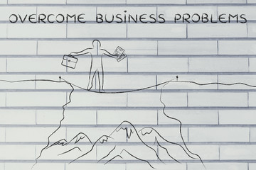 businessman tight rope walking over a cliff, overcome problems