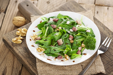 Feldsalat angemacht mit Dressing Speck und Waln&uuml;ssen auf wei&szlig;em Teller