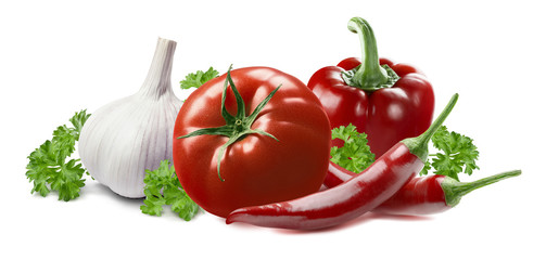 Tomato garlic chili pepper parsley isolated on white