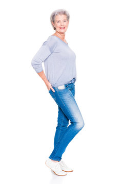 Senior woman in blue jeans