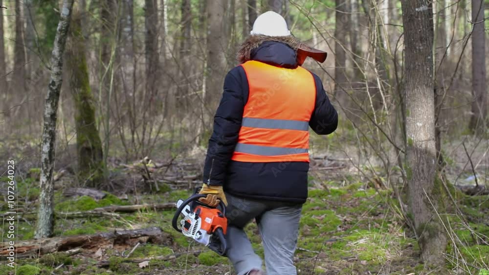 Poster Lumberjack with chainsaw and ax walking away in forest
