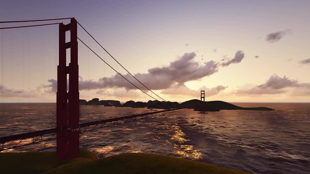 Golden Gate Bridge at sunset. 3d render