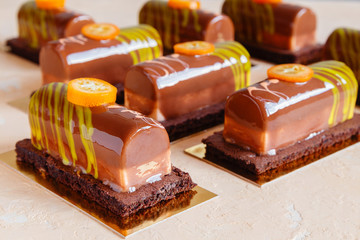 Fruit mousse cake with chocolate glaze