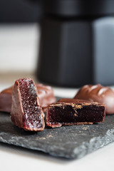 Handmade chocolate candy with fruit jelly