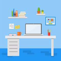 Flat design vector illustration of modern office interior. Creative office workspace with computer, notes, folders, books, plants, mug. Flat minimalistic style and color