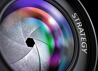 Strategy Concept. Closeup of a Camera Photo Lens with Beautiful Color Lights Reflections. Strategy Written on Photographic Lens with Shutter. Colorful Lens Reflections. Closeup View. 3D Render.