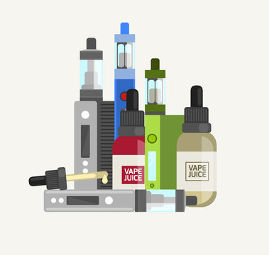 Vape device vector set. Vaping juice for vape. Vape trend new cu