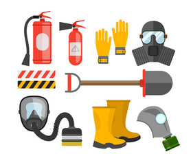 Safety equipment vector set. Fire protection and fire. A gas mas