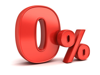 Red zero percent or 0 % isolated over white background with reflection