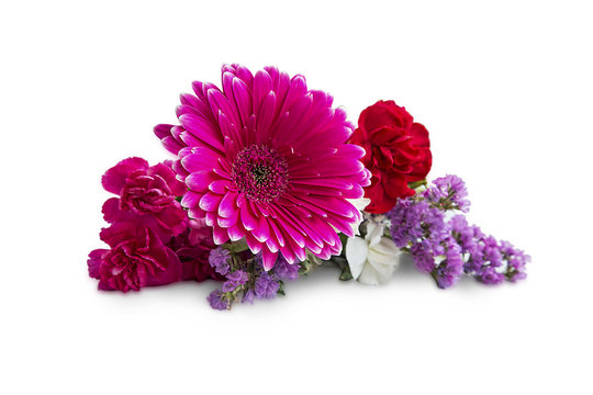 Fototapeta Spring bouquet with gerbera and purple flowers isolated on white
