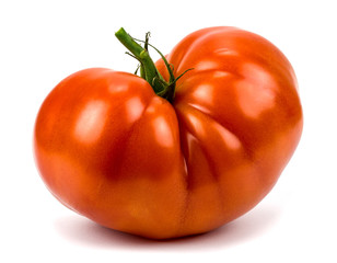 Fresh red tomato with green stem on white background