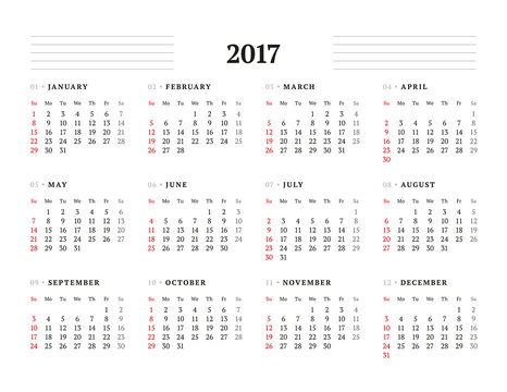 Simple Calendar Template for 2017 Year. Stationery Design. Week starts Sunday. Vector Illustration
