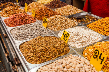 Various nuts and seeds on the Mahane Yehuda Market, Jerusalem