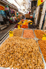 Various nuts and dried fruits on the Mahane Yehuda Market.