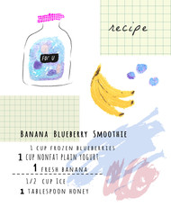 Healthy fresh banana blueberry smoothie recipe. Cute hand drawn