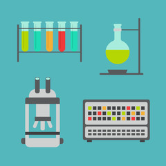 Biology flat icons. Biology laboratory workspace in flat style