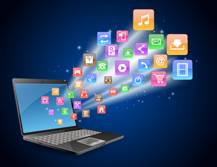 Futuristic laptop Vector Illustration with Holographic and Social Media Icons