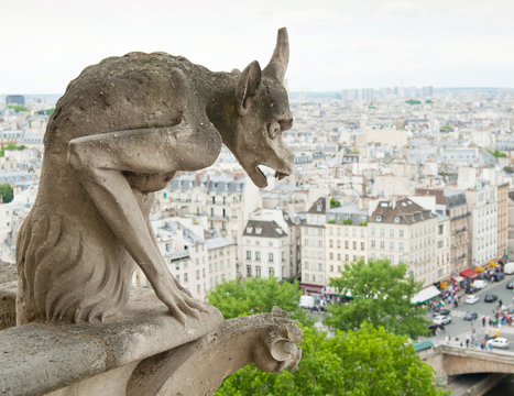 Notre-Dame Cathedral's Chimera and view of Paris