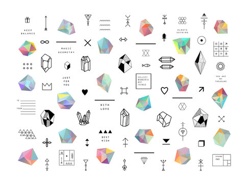 Set of colored crystals in polygon style with geometric shapes.