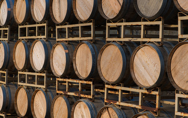Row of wine barrels on stand