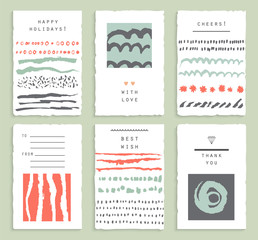 Set of 6 creative cards. Hand Drawn textures made with ink. 