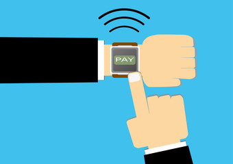 flat vector illustration of smart watches with hands and finger pointing at pay button. business payment technology concept