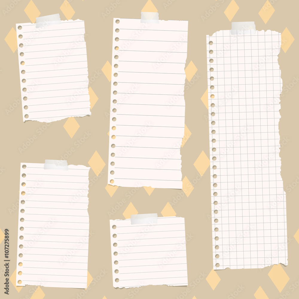 Poster pieces of torn white lined and squared notebook paper sticked on colorful fabric pattern