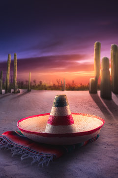 Mexican hat "sombrero" on a "serape" in a mexican desert at twil