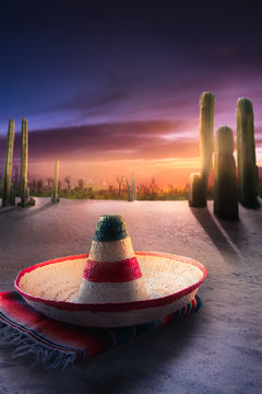 high contrast image of Mexican hat "sombrero" on a "serape" in a