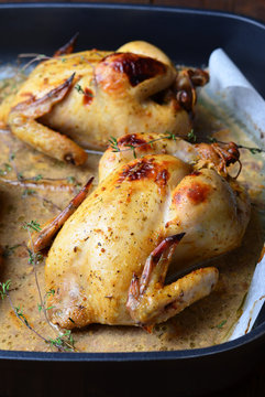 Whole Roasted Chicken with sauce on baking tray
